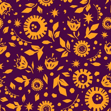 Çiçeklerin vektör retro pürüzsüz deseni koyu arkaplanda kağıt kesim tarzında yapraklar