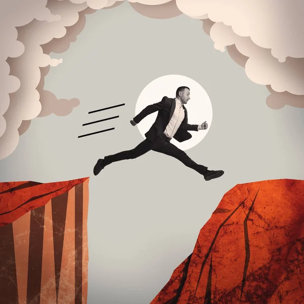 A businessman jumps over a cliff. Art collage.