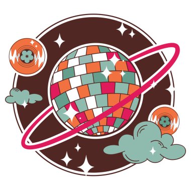 Disco planet. Groovy sparkling disco ball in the form of the planet among the clouds and glitter stars in vintage colors. Vector emblem, patch, sticker