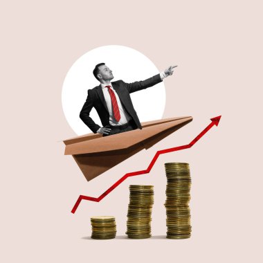 Successful career takeoff. Profitable investment, business concept. Art collage.