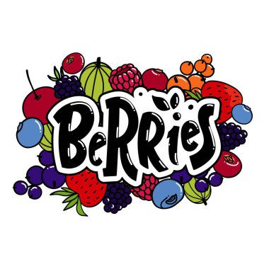 vektör el, renkli böğürtlenli logo meyvelerini beyaz arka planda karalama tarzıyla çizdi