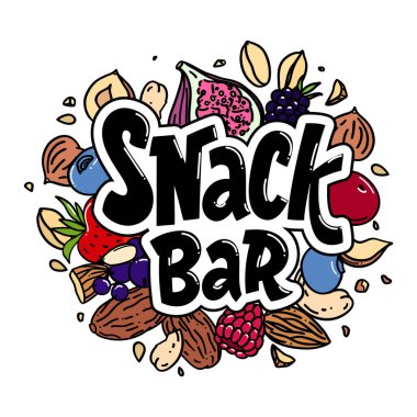 Beyaz arka planda renkli fındık, meyve ve böğürtlen karışımıyla parlak el çizimi vektör logosu.