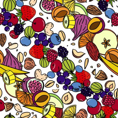 Renkli fındık, tohum, meyve ve meyvelerin beyaz arka planda karalama tarzında karışımı parlak vektörsüz desen