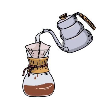 Vektör retro el kahve ekipmanları demlemek için çaydanlık ve kahve demlemek için alternatif metot çizimi.
