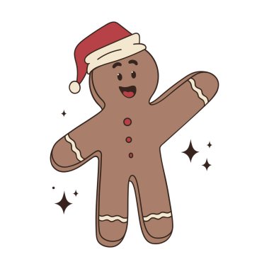 Vektör el Noel maskotu çizdi Noel Baba şapkalı mutlu zencefilli adam