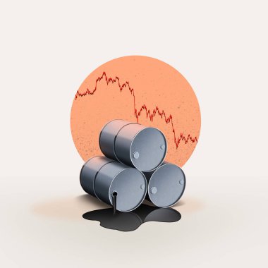 Arka planda, petrol fiyatlarının düşmesi ve enerji sektöründe ekonomik dalgalanma kavramını gösteren, aşağı yönlü bir borsa grafiği olan üç metal petrol varili..