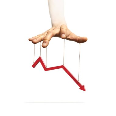 Parmaklarına bağlı ipleri olan bir kuklacının eli aşağı yönlü bir finansal grafiği manipüle eder. Piyasa denetimi, ekonomik etki ve yapay eğilimleri sembolize eder.