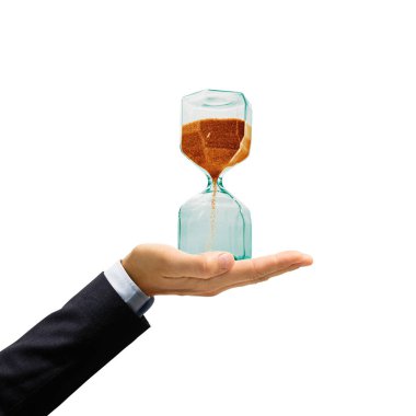 Bir insanın elinde kum saati. Sanat kolajı.