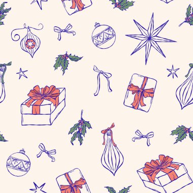 Vektör el desensiz Noel desenleri, hediye kutuları ve fiyonklar, eski tarz çoban dalları çizdi