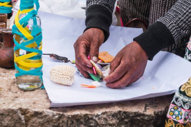 traditional ritual of payment to the earth with coca leaves and chicha de jora in the Andes of the mountain range on a sunny day clipart