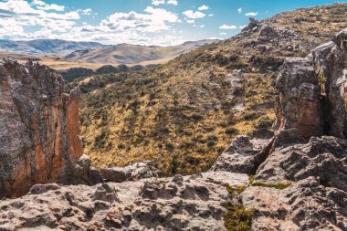 Orman güneşli bir günde kayalarla çevrili. Mavi gökyüzü ve And Dağları 'ndaki bulutlar.
