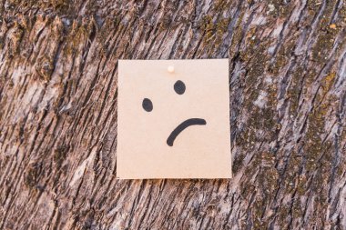 Ağaç kabuğunun desenli arka planına sahip geri dönüşümlü karton üzerine çizilmiş üzgün yüz.