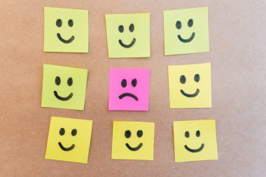 Üzücü yüz, renkli kağıda çizilmiş mutlu yüzlerle çevrili. Siyah işaretli, tek tip, sağlam bir arkaplanı var.