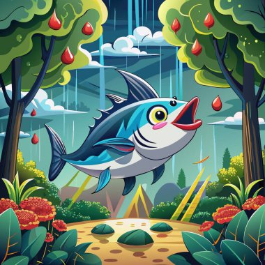Aşıkken Albacore Tuna Balığı orman yağmur vektörünü yere serdi