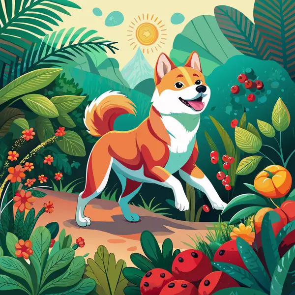 stock vector Akita dog frisky runs jungle Berries vector