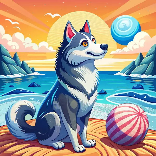 stock vector Alusky dog caring looks sea Ball vector