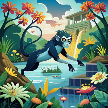 Angolan Colobus monkey cheating swims bank Flower vector clipart