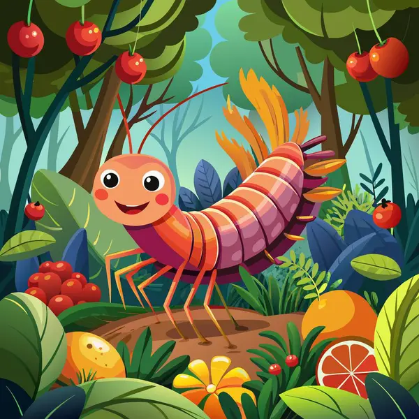 stock vector Anomalocaris shrimp upset smiles forest Fruits vector