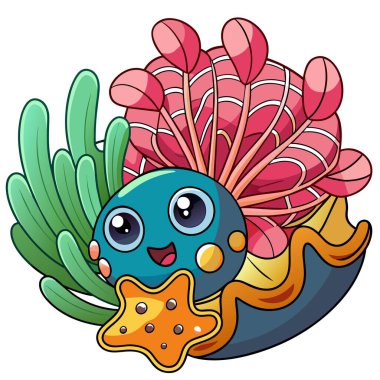 Ascidian mercanı Kawaii vektörünü yürütür. Yapay zeka görüntü oluşturdu. Clipart çizgi film deisgn simgesi