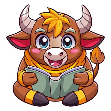 Aurochs boğası Kawaii vektörünü okuyor. Yapay zeka görüntü oluşturdu. Clipart çizgi film deisgn simgesi