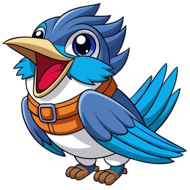 Kemerli Kingfisher kuşu, vektör kawaii 'ye gülüyor. Yapay zeka görüntü oluşturdu. Clipart çizgi film deisgn simgesi