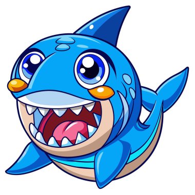 Mavi Köpekbalığı, Kawaii vektörünü haykırıyor. Yapay zeka görüntü oluşturdu. Clipart çizgi film deisgn simgesi