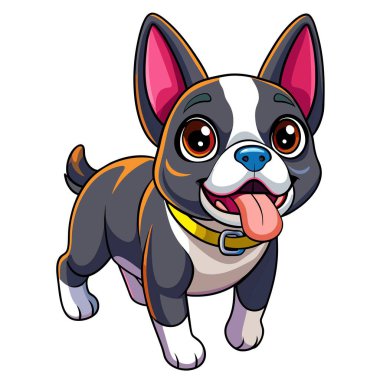 Boston Terrier köpeği Kawaii vektörünü yürütür. Yapay zeka görüntü oluşturdu. Clipart çizgi film deisgn simgesi