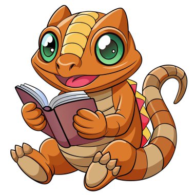 Kahverengi Basilisk kertenkelesi, Kawaii vektörünü okuyor. Yapay zeka görüntü oluşturdu. Clipart çizgi film deisgn simgesi