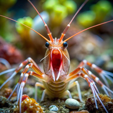 Alpheid karides karidesi okul diye bağırıyor. Yapay zeka fotoğraf üretti. 4K Portre Öngörünüm 8K. HD Resim Arkaplanı