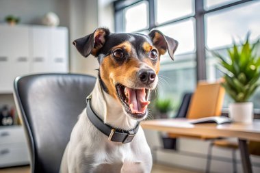 Brezilyalı teriyer köpeği kızgın ofisi. Yapay zeka fotoğraf üretti. 4K Portre Öngörünüm 8K. HD Resim Arkaplanı