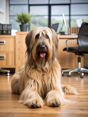 Briard Dog ofisinde yatıyor. Yapay zeka fotoğraf üretti. 4K Portre Öngörünüm 8K. HD Resim Arkaplanı