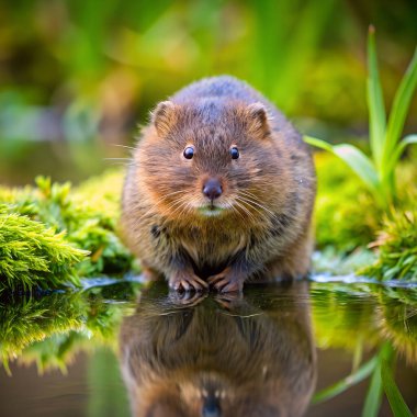 British Water Vole kemirgeni kıyıda yatıyor. Yapay zeka fotoğraf üretti. 4K Portre Öngörünüm 8K. HD Resim Arkaplanı