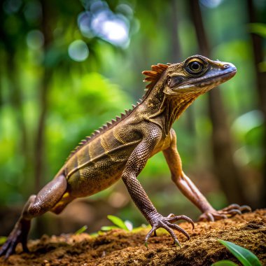 Kahverengi Basilisk kertenkelesi ormanı yönetiyor. Yapay zeka fotoğraf üretti. 4K Portre Öngörünüm 8K. HD Resim Arkaplanı