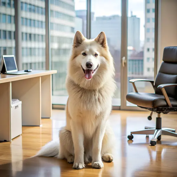 Kanadalı Eskimo Köpeği ofiste kalıyor. Yapay zeka fotoğraf üretti. 4K Portre Öngörünüm 8K. HD Resim Arkaplanı