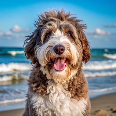 Aussiedoodle köpeği kumsala güler. Yapay zeka fotoğraf üretti. 4K Portre Öngörünüm 8K. HD Resim Arkaplanı