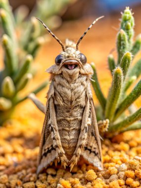 Bagworm güvesi çöle güler. Yapay zeka fotoğraf üretti. 4K Portre Öngörünüm 8K. HD Resim Arkaplanı