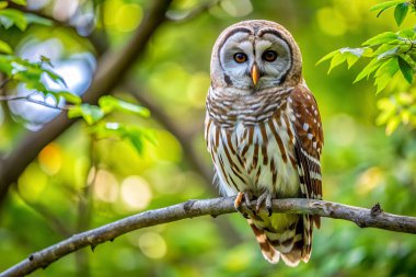 Parmaklıklı Baykuş, banka olarak kal. Yapay zeka fotoğraf üretti. 4K Portre Öngörünüm 8K. HD Resim Arkaplanı