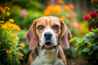 Beagador köpeği öfkeli bahçe. Yapay zeka fotoğraf üretti. 4K Portre Öngörünüm 8K. HD Resim Arkaplanı