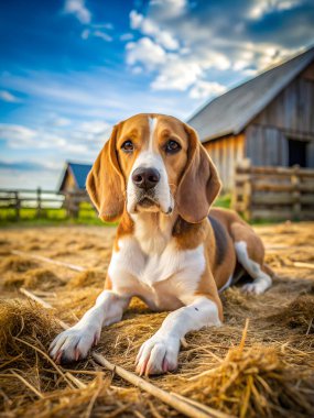 Beaglier köpeği çiftlikte dinleniyor. Yapay zeka fotoğraf üretti. 4K Portre Öngörünüm 8K. HD Resim Arkaplanı