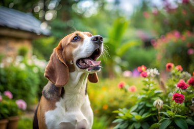 Beaglier köpeği bahçe diye bağırıyor. Yapay zeka fotoğraf üretti. 4K Portre Öngörünüm 8K. HD Resim Arkaplanı