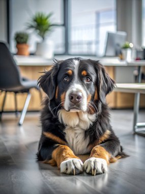 Bernese Mountain Dog dinleniyor. Yapay zeka fotoğraf üretti. 4K Portre Öngörünüm 8K. HD Resim Arkaplanı