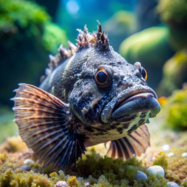 Kara Akrep Balığı ormanda yürür. Yapay zeka fotoğraf üretti. 4K Portre Öngörünüm 8K. HD Resim Arkaplanı