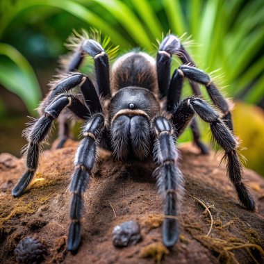 Siyah Tarantula örümceği ormanda güler. Yapay zeka fotoğraf üretti. 4K Portre Öngörünüm 8K. HD Resim Arkaplanı
