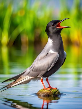 Black Tern kuşu göl diye bağırıyor. Yapay zeka fotoğraf üretti. 4K Portre Öngörünüm 8K. HD Resim Arkaplanı