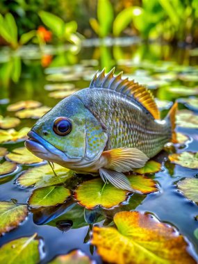 Bluegill balığının dinlenme yeri bahçe. Yapay zeka fotoğraf üretti. 4K Portre Öngörünüm 8K. HD Resim Arkaplanı