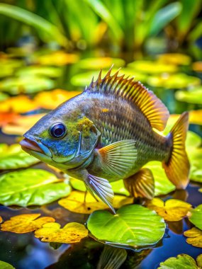 Bluegill balığı ofiste kalır. Yapay zeka fotoğraf üretti. 4K Portre Öngörünüm 8K. HD Resim Arkaplanı