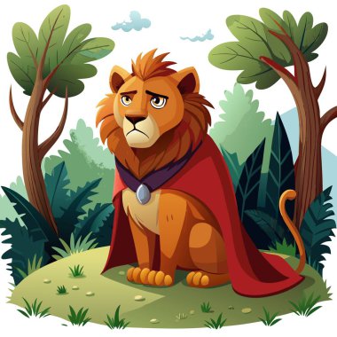 Cape Lion üzgün orman vektörü oturuyor. Yapay zeka görüntü oluşturdu. Clipart çizgi film deisgn simgesi