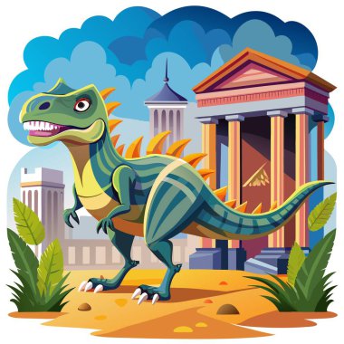 Terk edilmiş Ceratosaurus dinozoru banka vektörüne gidiyor. Yapay zeka görüntü oluşturdu. Clipart çizgi film deisgn simgesi