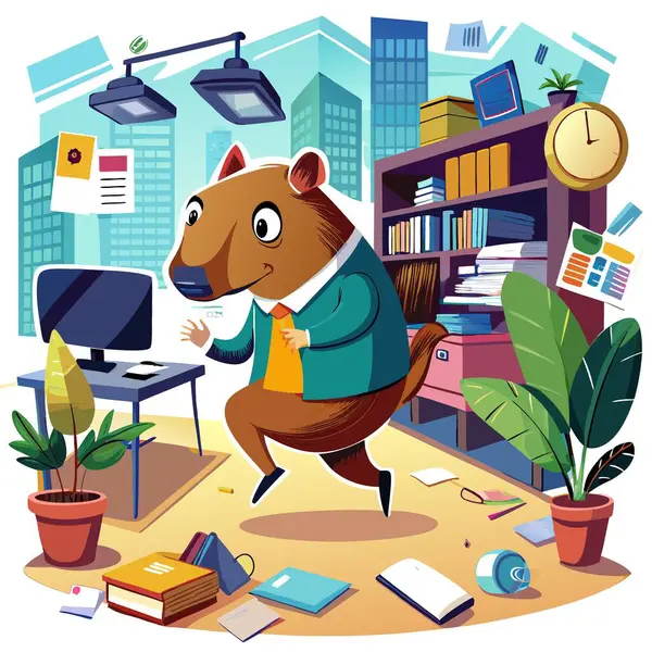 stock vector Capybara confused runs office vector. AI generated image. Clipart cartoon deisgn icon