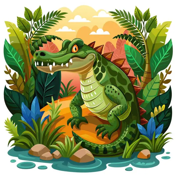 stock vector Chinese Alligator trembling goes jungle vector. AI generated image. Clipart cartoon deisgn icon